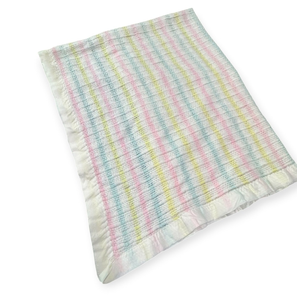 VTG Beacon Baby Blanket Pastel Stripe Waffle thermal satin trim 48x36 WPL 1675
